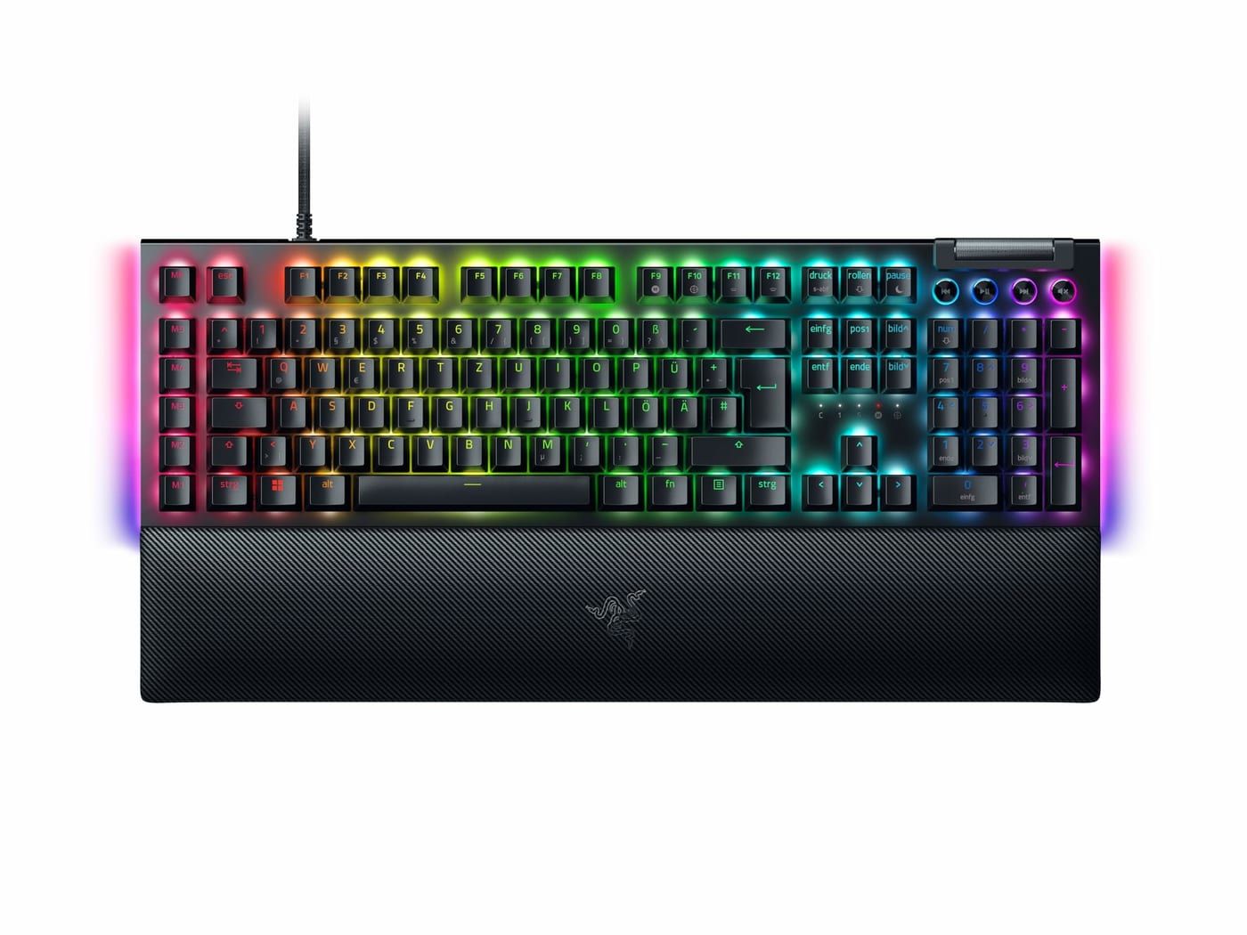 Razer BlackWidow V4 Mechanische Gaming-Tastatur in der Draufsicht, Full-Size-Layout, deutsche QWERTZ-Belegung, beleuchtete Tasten, mit Handballenauflage