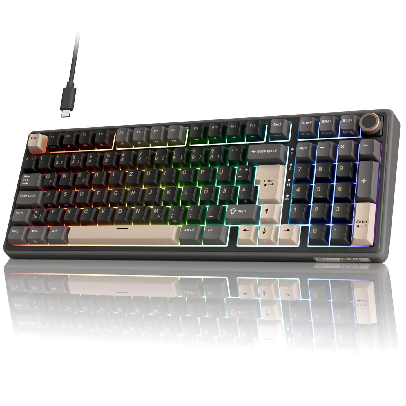 RK ROYAL KLUDGE R98 Gasket Mechanische Gaming-Tastatur in der Draufsicht, 96-Prozent-Layout mit Nummernblock, deutsche QWERTZ-Belegung, beleuchtete Tasten