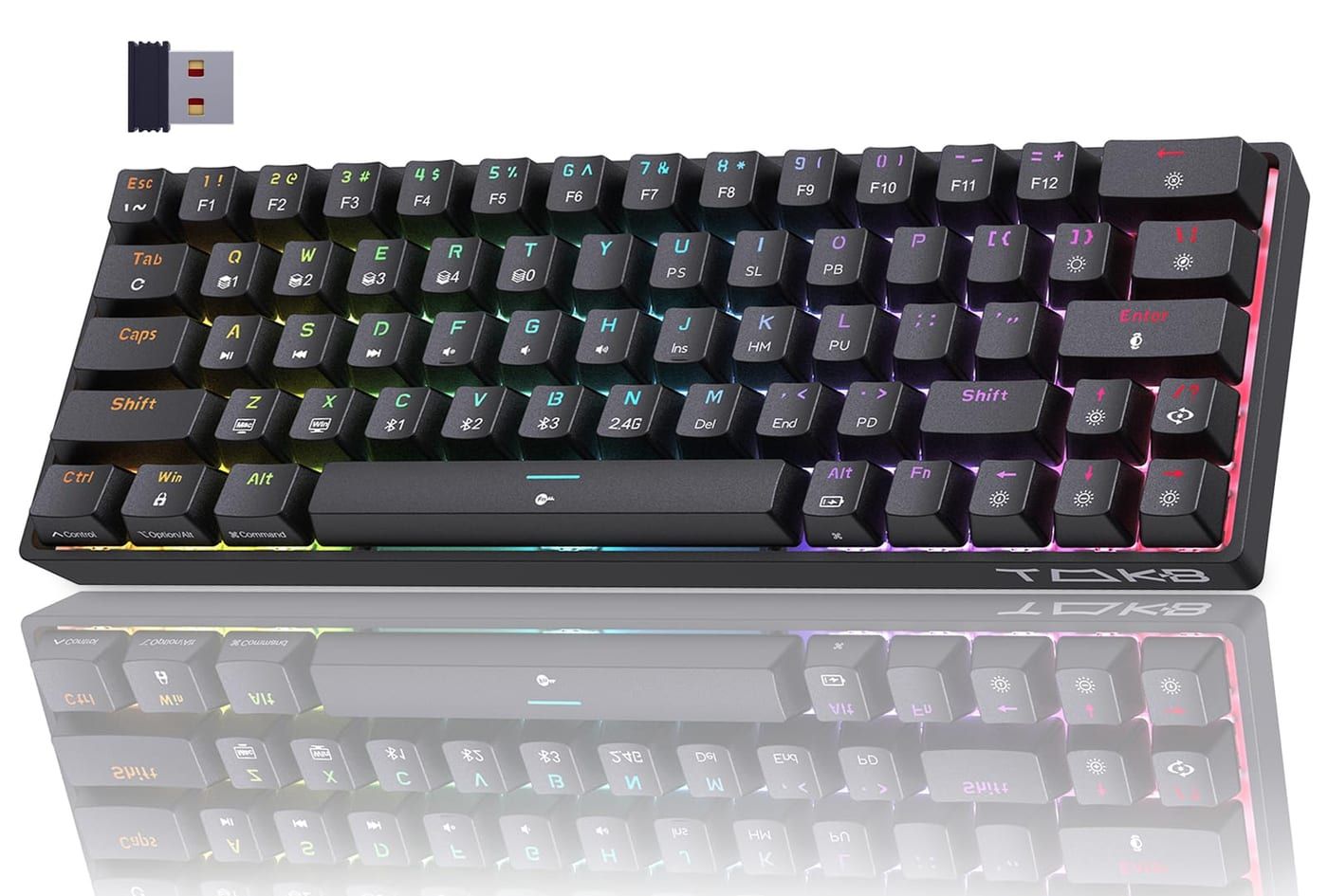 TMKB T63 Kabellose Mechanische 60% Gaming-Tastatur in der Draufsicht, 60-Prozent-Layout ohne Pfeiltasten, deutsche QWERTZ-Belegung, beleuchtete Tasten